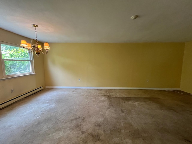 9 Forge Ln, Coram, NY 11727 - carpeted empty room with a chandelier, a smoke detector, a baseboard radiator, and baseboards
