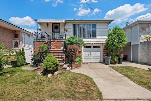 162-25 89th St, Howard Beach, NY 11414 - view of front of property with an attached garage, concrete driveway, a front lawn, and brick siding