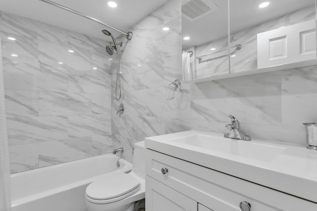 21 Buttonwood Dr, Dix Hills, NY 11746 - bathroom with vanity,  shower combination, tile walls, toilet, and recessed lighting
