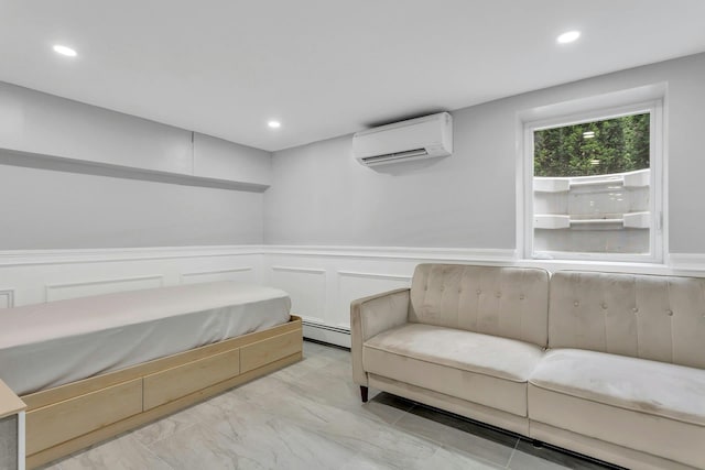 21 Buttonwood Dr, Dix Hills, NY 11746 - sitting room featuring a wall mounted AC, wainscoting, recessed lighting, light marble finish floors, and a baseboard radiator