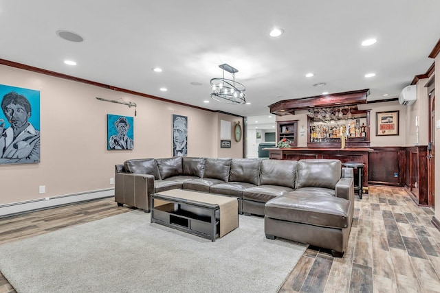 21 Buttonwood Dr, Dix Hills, NY 11746 - living area with light wood-type flooring, crown molding, a wall unit AC, recessed lighting, and a dry bar