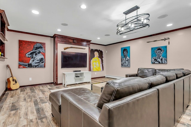 21 Buttonwood Dr, Dix Hills, NY 11746 - living room featuring crown molding, baseboards, light wood-style floors, recessed lighting, and baseboard heating