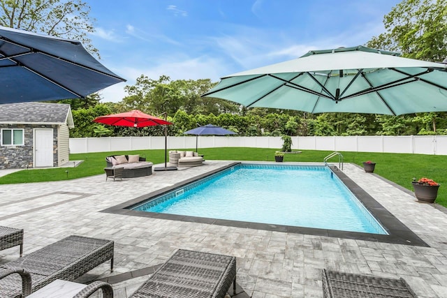21 Buttonwood Dr, Dix Hills, NY 11746 - view of swimming pool with a patio, an outdoor structure, and outdoor lounge area