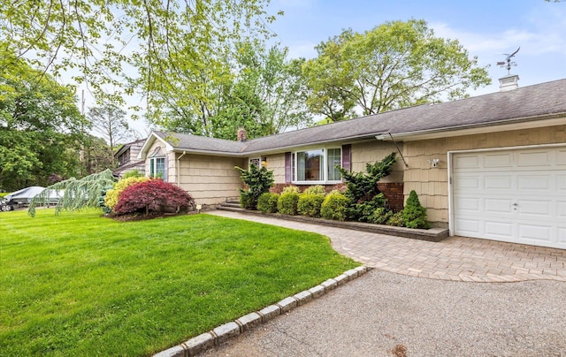 11 Gilford Ct, Melville, NY 11747 - ranch-style home featuring a chimney, a front lawn, and an attached garage