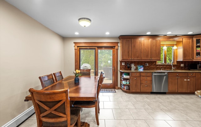 11 Gilford Ct, Melville, NY 11747 - kitchen featuring stainless steel dishwasher, a baseboard radiator, brown cabinetry, decorative backsplash, and a sink