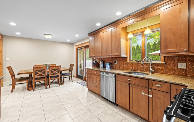 11 Gilford Ct, Melville, NY 11747 - kitchen with dishwasher, a sink, backsplash, brown cabinetry, and stove