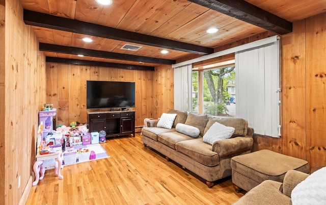 11 Gilford Ct, Melville, NY 11747 - living area with wood walls, light wood finished floors, wooden ceiling with exposed beams, recessed lighting, and a baseboard radiator
