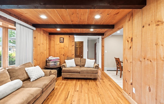11 Gilford Ct, Melville, NY 11747 - living room with light wood-type flooring, wooden ceiling with exposed beams, wood walls, recessed lighting, and baseboard heating
