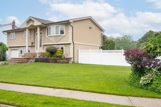27 Suzanne Ln, Bethpage, NY 11714 - view of front of house with a garage, stucco siding, and a chimney