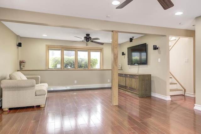 27 Suzanne Ln, Bethpage, NY 11714 - living area featuring ceiling fan, stairs, wood finished floors, baseboards, and recessed lighting
