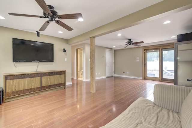 27 Suzanne Ln, Bethpage, NY 11714 - living area with a ceiling fan, wood finished floors, baseboards, and recessed lighting