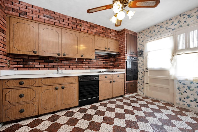 69-14 61st Rd, Middle Village, NY 11379 - kitchen with black appliances, wallpapered walls, a sink, a warming drawer, and a ceiling fan