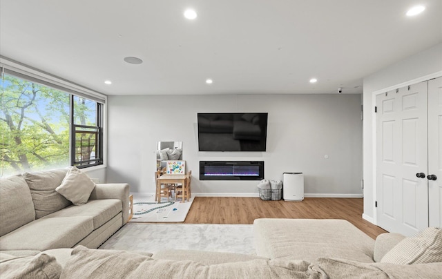 1101 162nd St Unit 6C, Beechhurst, NY 11357 - living area with recessed lighting, wood finished floors, a glass covered fireplace, and baseboards