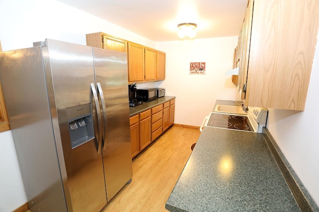 342 Bernas Rd, Cochecton, NY 12726 - kitchen with stainless steel fridge with ice dispenser, under cabinet range hood, light wood-type flooring, black microwave, and a sink