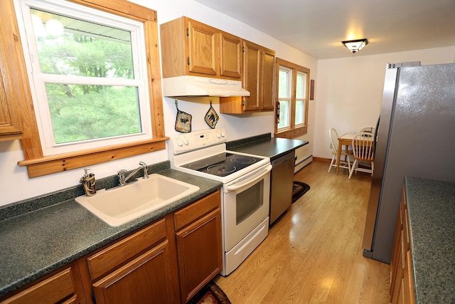 342 Bernas Rd, Cochecton, NY 12726 - kitchen featuring appliances with stainless steel finishes, under cabinet range hood, a sink, a baseboard heating unit, and dark countertops