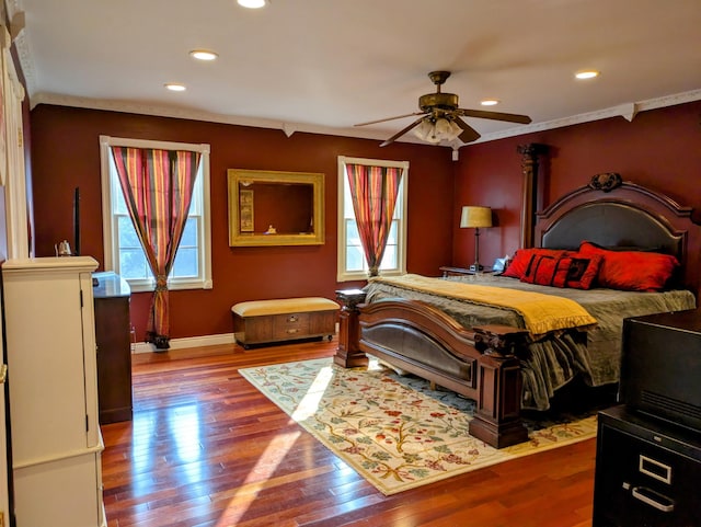16 Abbey Ln, East Setauket, NY 11733 - bedroom with recessed lighting, wood finished floors, baseboards, crown molding, and ceiling fan