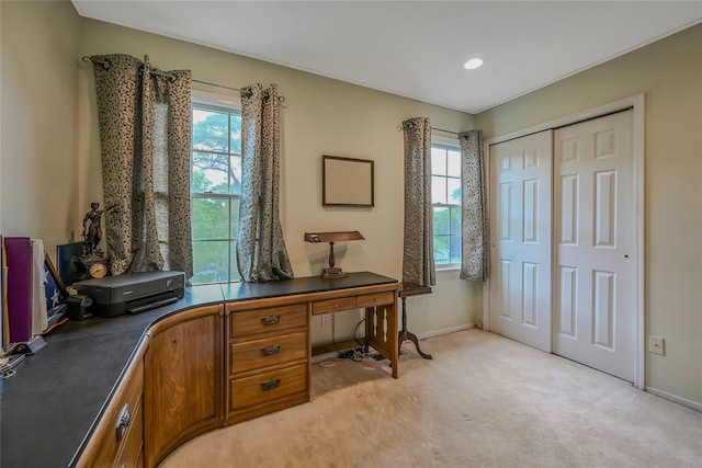 16 Abbey Ln, East Setauket, NY 11733 - home office featuring light carpet, baseboards, and recessed lighting