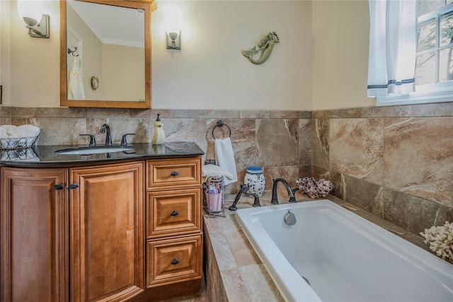 16 Abbey Ln, East Setauket, NY 11733 - bathroom featuring vanity, a garden tub, and crown molding