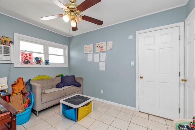 487 Sunnybrook Dr, Oceanside, NY 11572 - living room featuring ceiling fan, baseboards, light tile patterned floors, and ornamental molding