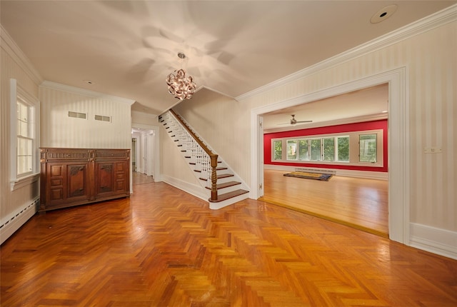 94 Cedar Ave, Poughkeepsie, NY 12603 - foyer featuring stairway, a chandelier, ornamental molding, a baseboard radiator, and baseboards