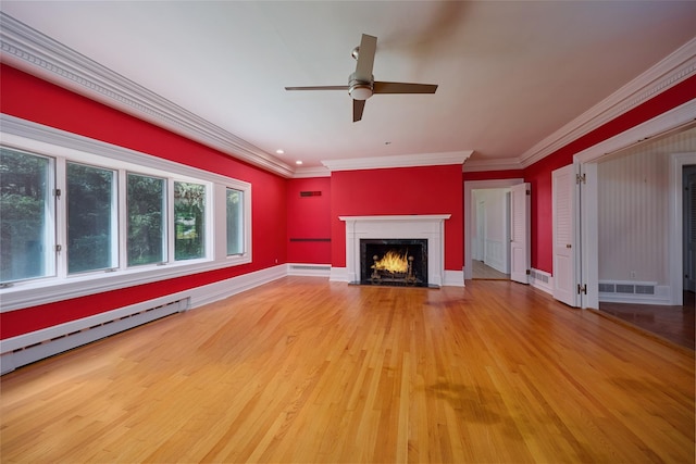 94 Cedar Ave, Poughkeepsie, NY 12603 - unfurnished living room with ceiling fan, wood finished floors, baseboard heating, a fireplace with flush hearth, and ornamental molding