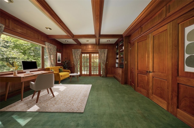 94 Cedar Ave, Poughkeepsie, NY 12603 - carpeted home office with wooden walls, beamed ceiling, and crown molding