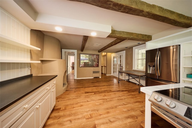 94 Cedar Ave, Poughkeepsie, NY 12603 - kitchen featuring stainless steel appliances, beamed ceiling, open shelves, light wood-style flooring, and french doors