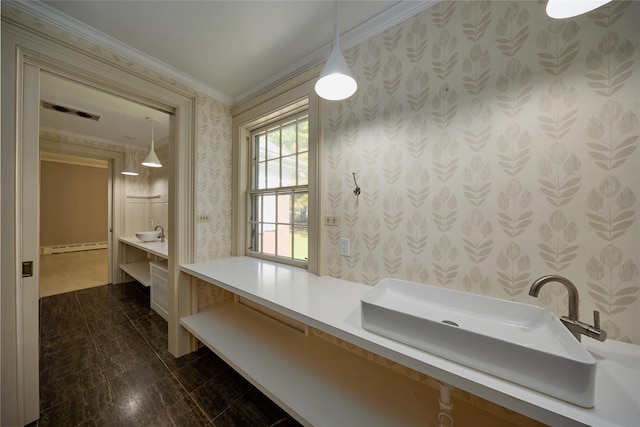 94 Cedar Ave, Poughkeepsie, NY 12603 - bathroom featuring wallpapered walls, crown molding, a baseboard heating unit, and vanity