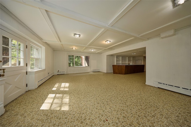 94 Cedar Ave, Poughkeepsie, NY 12603 - empty room featuring coffered ceiling, baseboard heating, beamed ceiling, and baseboards