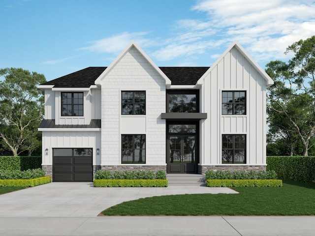 45 Mist Ln, Westbury, NY 11590 - modern farmhouse with board and batten siding, stone siding, a standing seam roof, and driveway