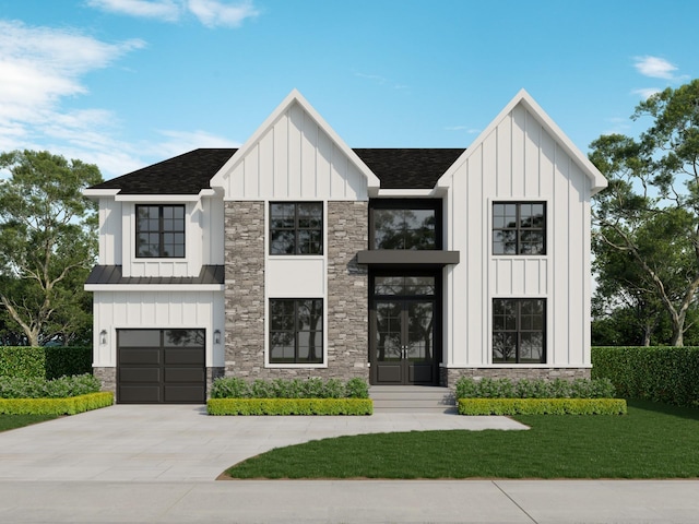 45 Mist Ln, Westbury, NY 11590 - modern farmhouse style home featuring board and batten siding, stone siding, an attached garage, driveway, and roof with shingles