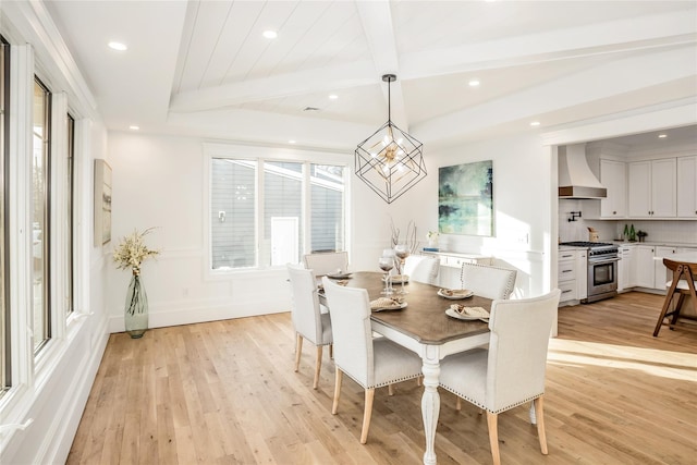 45 Mist Ln, Westbury, NY 11590 - dining room featuring light wood-style flooring, recessed lighting, beamed ceiling, and a chandelier
