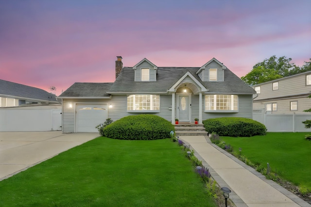 86 Woodbine Dr N, Hicksville, NY 11801 - cape cod house featuring concrete driveway, a garage, and a chimney