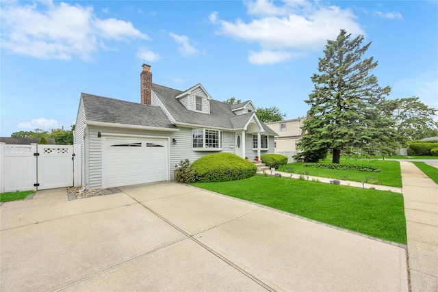 86 Woodbine Dr N, Hicksville, NY 11801 - view of front of house featuring an attached garage, a gate, driveway, a shingled roof, and a chimney