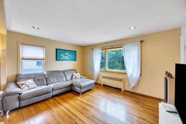 86 Woodbine Dr N, Hicksville, NY 11801 - living room with radiator heating unit, light wood finished floors, and recessed lighting