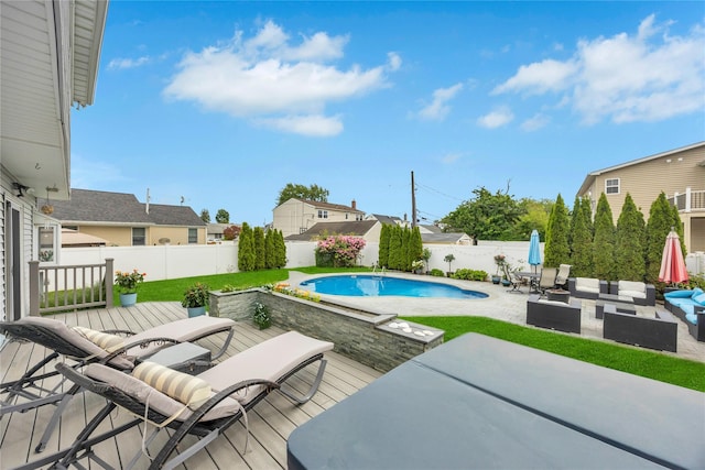 86 Woodbine Dr N, Hicksville, NY 11801 - view of swimming pool with outdoor lounge area, a deck, a fenced backyard, and a patio area