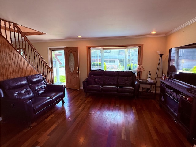 7 Ronald Ave, Hicksville, NY 11801 - living area featuring hardwood / wood-style floors, stairway, and ornamental molding