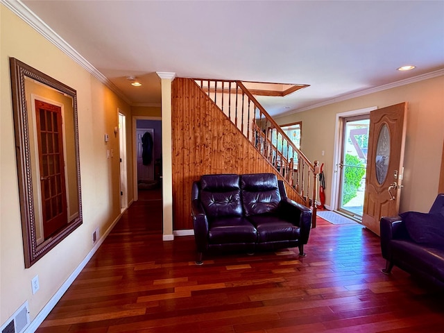 7 Ronald Ave, Hicksville, NY 11801 - foyer entrance featuring wood finished floors, ornamental molding, stairs, and recessed lighting