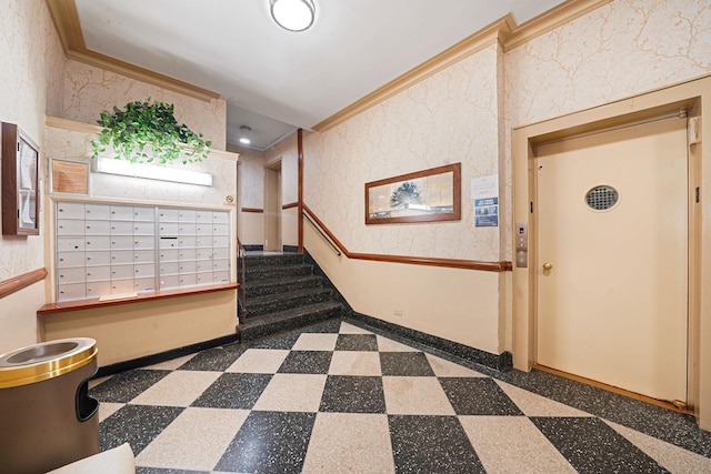 103-26 68th Ave Unit 2E, Forest Hills, NY 11375 - corridor featuring mail area, elevator, crown molding, baseboards, and wallpapered walls
