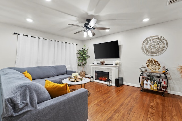 45 Maple Dr, Stony Point, NY 10980 - living area featuring baseboards, ceiling fan, hardwood / wood-style floors, recessed lighting, and a baseboard radiator