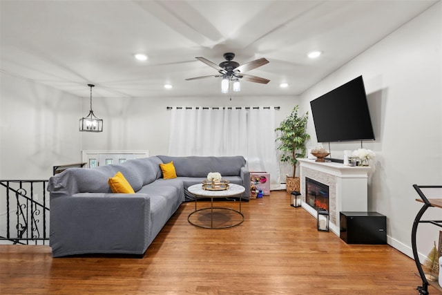 45 Maple Dr, Stony Point, NY 10980 - living room featuring recessed lighting, a ceiling fan, wood finished floors, and a glass covered fireplace