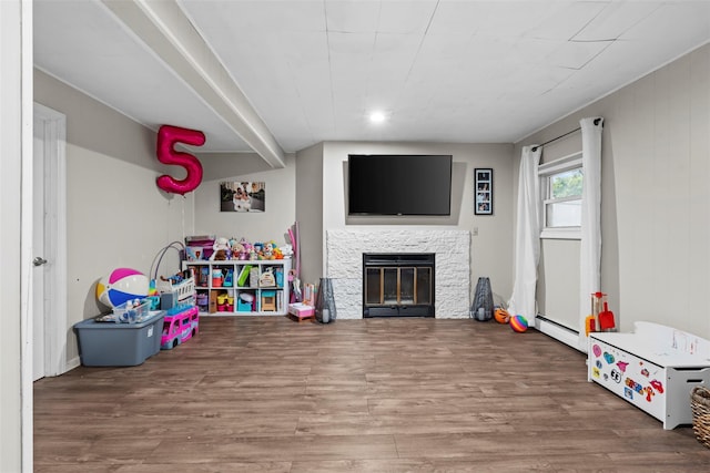 45 Maple Dr, Stony Point, NY 10980 - rec room featuring a baseboard radiator, a glass covered fireplace, and wood finished floors