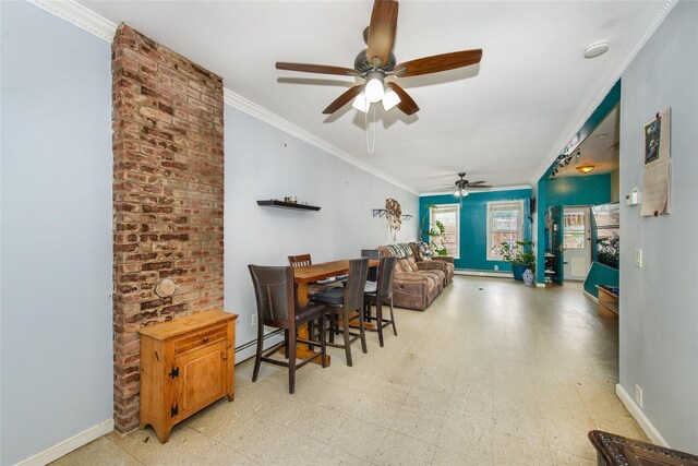 1321 Bristow St, Bronx, NY 10459 - dining room with ceiling fan, tile patterned floors, ornamental molding, a baseboard radiator, and baseboards