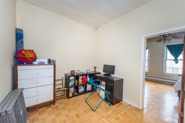 1321 Bristow St, Bronx, NY 10459 - home office with a baseboard radiator, baseboards, and ceiling fan