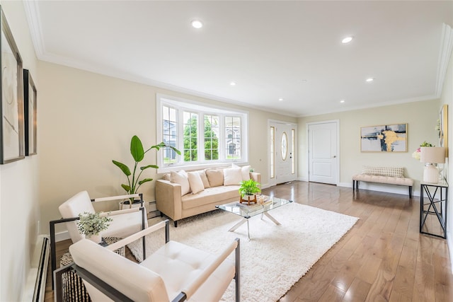 29 Underhill Ave, Syosset, NY 11791 - living room featuring a baseboard radiator, crown molding, wood finished floors, recessed lighting, and baseboards