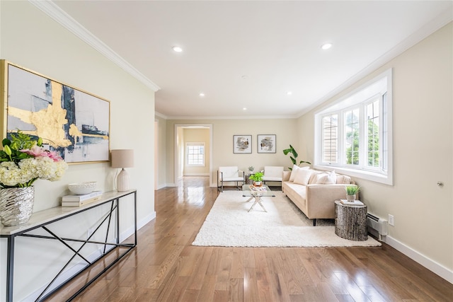 29 Underhill Ave, Syosset, NY 11791 - living area featuring wood finished floors, baseboard heating, baseboards, ornamental molding, and recessed lighting
