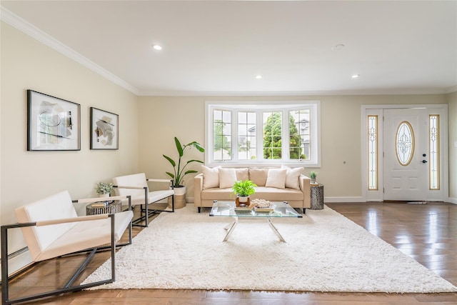 29 Underhill Ave, Syosset, NY 11791 - living room featuring crown molding, hardwood / wood-style flooring, baseboards, and recessed lighting