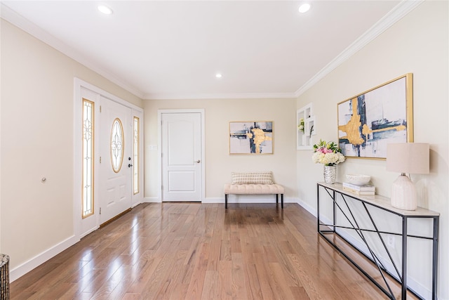 29 Underhill Ave, Syosset, NY 11791 - foyer with ornamental molding, wood-type flooring, baseboards, and recessed lighting