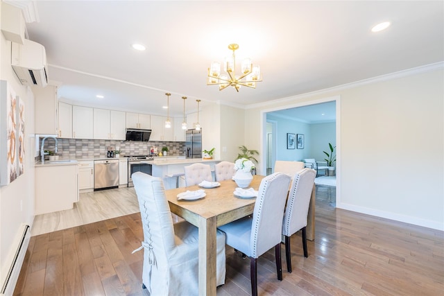 29 Underhill Ave, Syosset, NY 11791 - dining area featuring baseboard heating, a chandelier, a wall mounted air conditioner, light wood-style floors, and ornamental molding