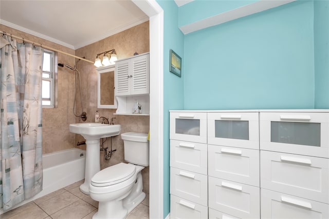 210 E Broadway Unit 1D, Long Beach, NY 11561 - full bathroom with shower / bath combination with curtain, tile patterned flooring, and ornamental molding